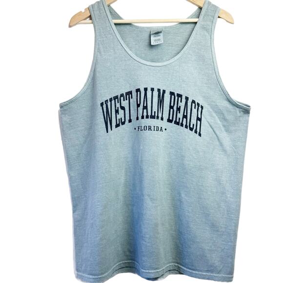 Gildan Tops - Gilda. Blue Grey Distressed Logo West Palm Beach Tank Top Women’s Size Large